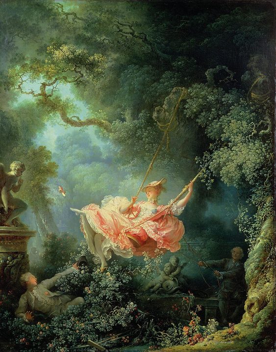 A young woman in a pink dress on a swing in a dark garden, lit by a patch of sun