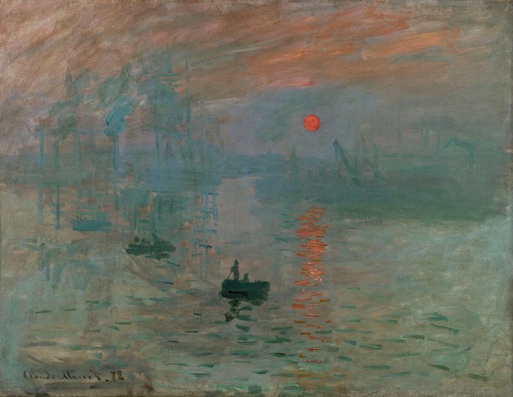 A harbour in blue morning haze, with a small orange sun and its reflection on the water