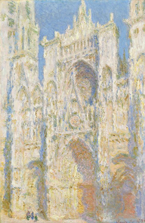 The same façade of Rouen Cathedral in bright white sunlight, under a blue sky