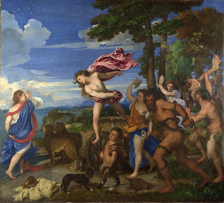 Bacchus leaping from his chariot towards Ariadne, under a bright blue sky